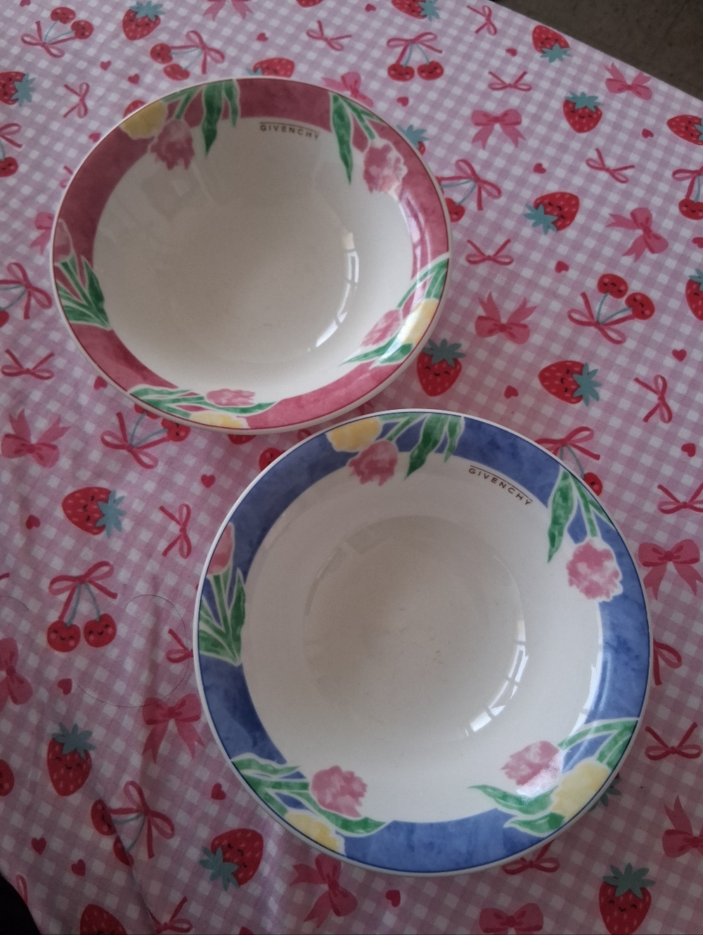 Givenchy Floral Rim Ceramic Bowls - Blue and Pink Vintage